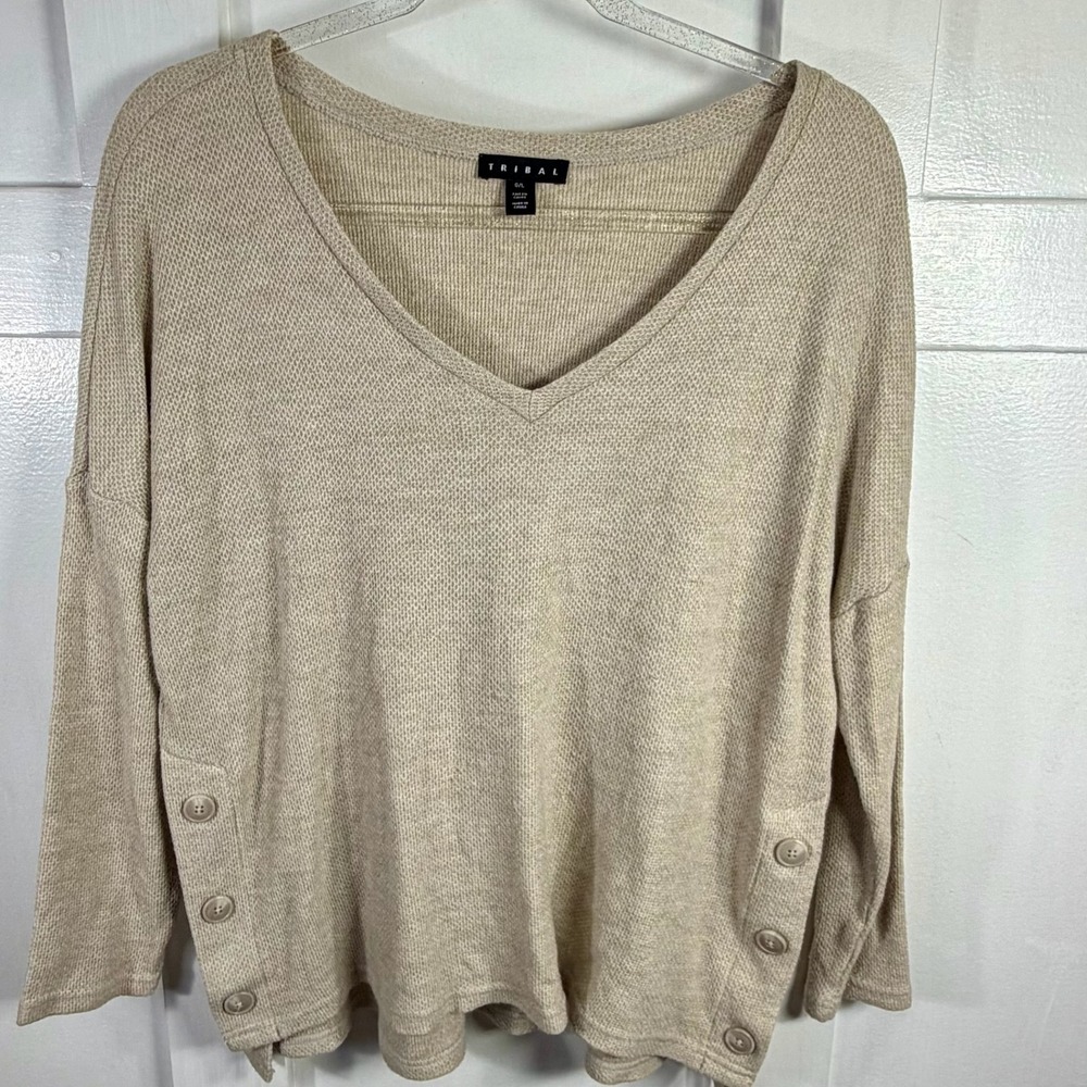 TRIBAL‎ Beige Waffle Knit V Neck Button Side Long Sleeve Sweater Top Size 6/L